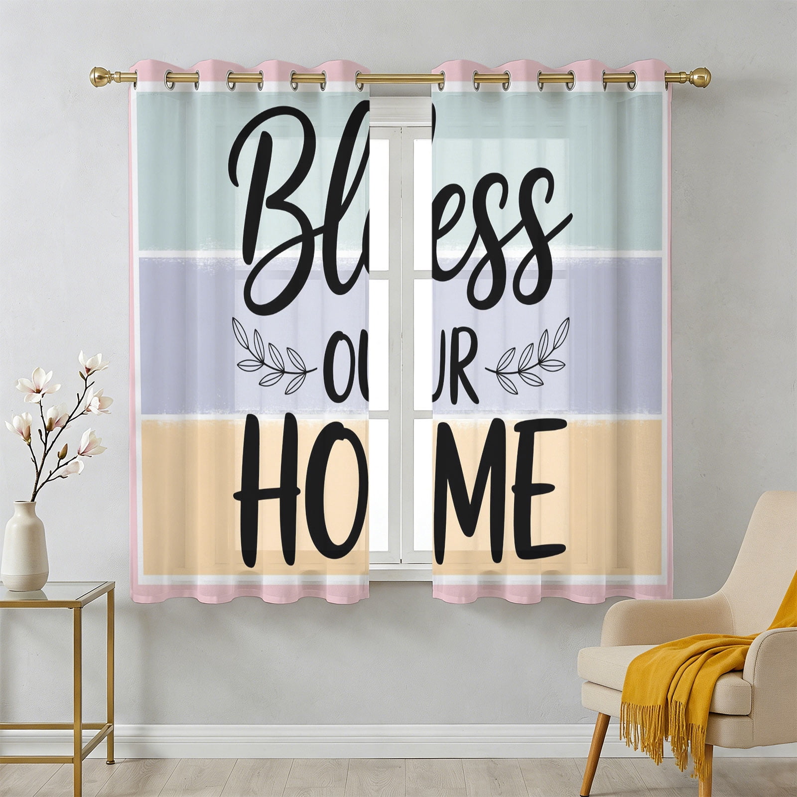 Bless Our Home Sheer Curtains 54 Inch Long 2 Panels, Leaf Color Block ...