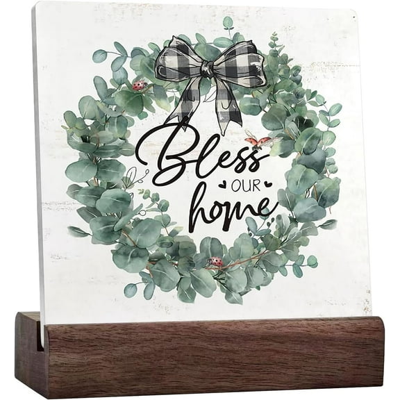 Bless Our Home Sign Ceramic Table Desk Decor,Spring Botanical Eucalyptus Leaves Wooden Block Box Sign Decoration For Home Shelf Table Decor,Sage Green Decor
