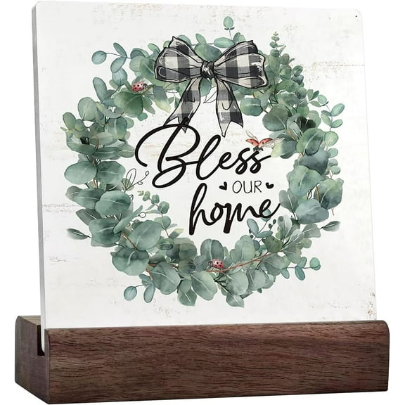 Bless Our Home Sign Ceramic Table Desk Decor,Spring Botanical Eucalyptus Leaves Wooden Block Box Sign Decoration for Home Shelf Table Decor,Sage Green Decor
