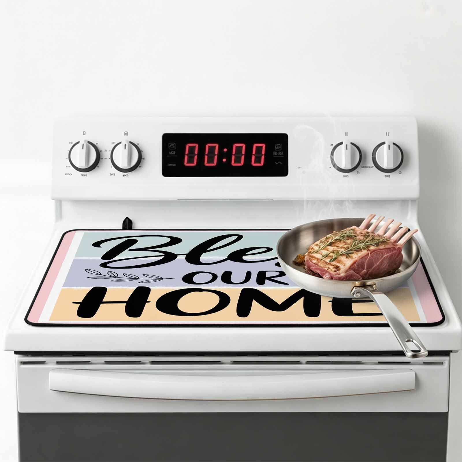 Bless Our Home Stove Top Cover for Electric Stove, Heat-proof & Non Slip Glass Top Stove Cover Protector, Wheat Color Black Stripes Aesthetic Kitchen Flat Cooktop Rubber Mat 24x21 Inches