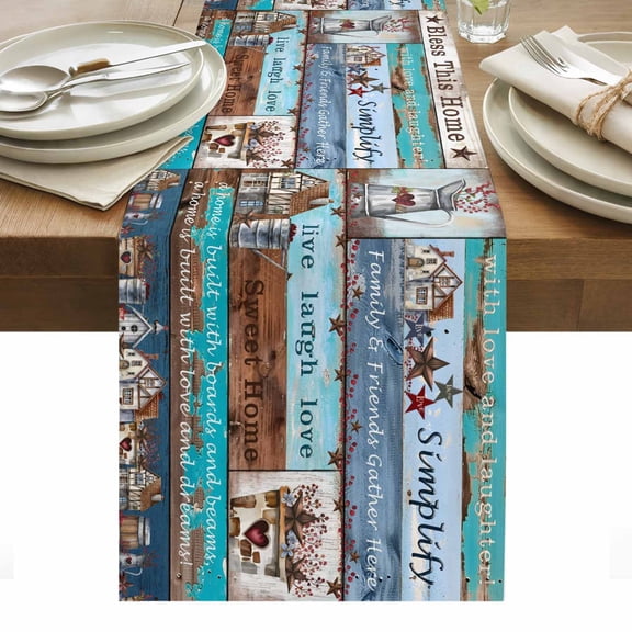 Bless This Home Table Runner 13 x 36 Inch, Farmhouse American Country Wood Grain Washable Cotton Linen Dining Table Runner Tabletop Decorations for Restaurant Home Kitchen Party