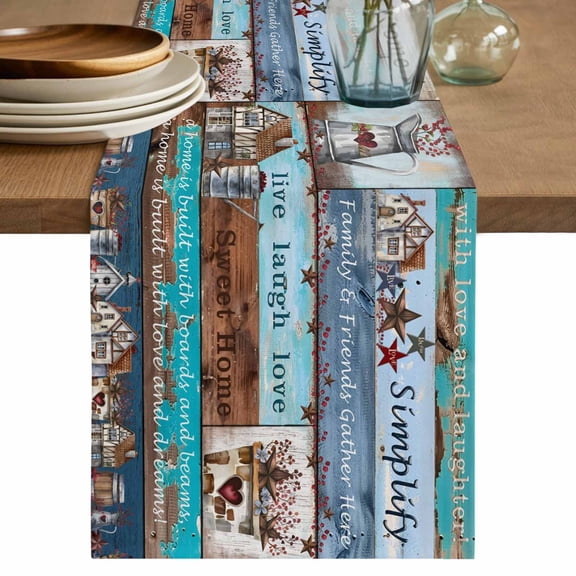 Bless This Home Table Runner, Farmhouse American Country Wood Grain Cotton Linen Kitchen Table Decoration Washable Dining Tabletop Runners for Home Party Decor 13x36 Inches