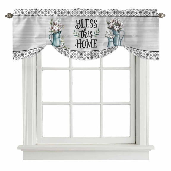 Bless This Home Tie Up Valance for Windows, Spring Watercolor Cotton Leaf Vase Wood Grain Grey Plaid Adjustable Rod Pocket Tie Up Valance Curtains for Kitchen Bathroom Bedroom 42 X 12 Inch