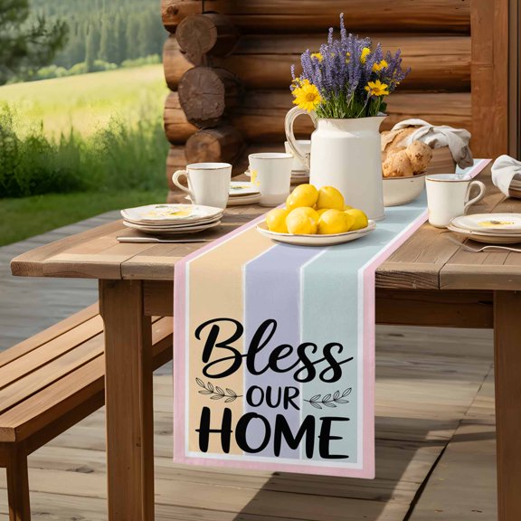 Bless Our Home Words Table Runner 13x48in Non-Slip Cotton Linen Table Runners, Green Purple Yellow Stripe Dresser Scarves TableRunner for Dinner Kitchen Dining Wedding Party