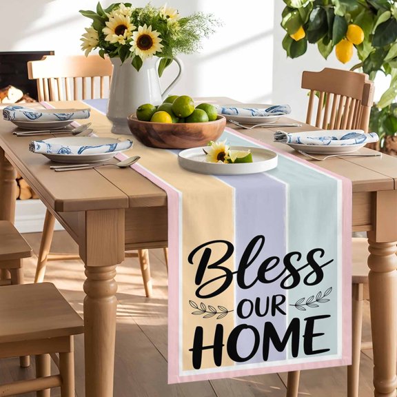 Bless Our Home Words Table Runner 72 Inch Long Green Purple Yellow Stripe Table Runners Linen Burlap Tablerunner for Kitchen Dining Room Holiday Party