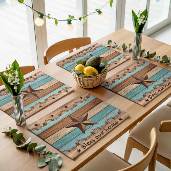 Bless Our Home Words Village Star Placemats Set of 4,Wipeable Washable Table Mats for Dining Tables, Blue Green Wood Borad Place Mats for Kitchen Event Party Tabletop Decor