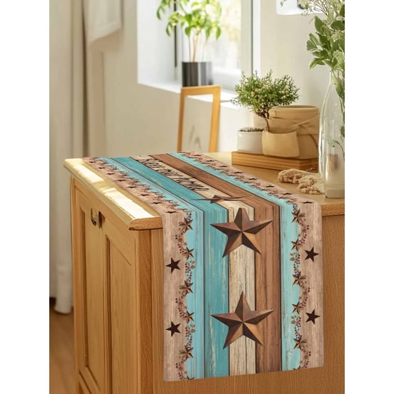Bless Our Home Words Village Star Table Runner 36 Inches Long,Kitchen Dining Tablerunners Blue Green Wood Borad Linen Table Runners Dresser Scarves for Home Dinner Wedding Holiday Party Decor
