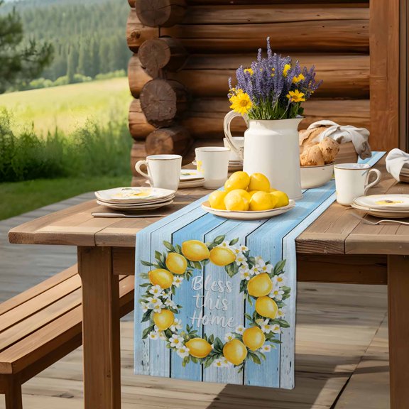Bless Home Words Wreath Table Runner 13x36in Non-Slip Cotton Linen Table Runners, Summer Lemon Flower on Blue Wood Dresser Scarves TableRunner for Dinner Kitchen Dining Wedding Party