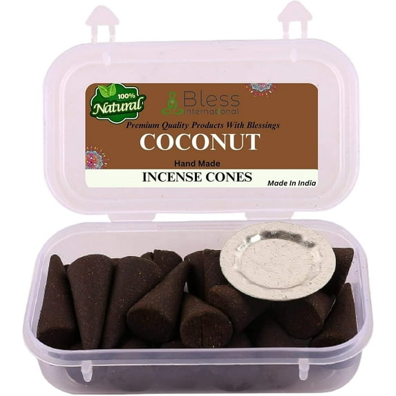Bless International Coconut 100%-Natural-Incense-Cones Handmade-Hand-Dipped Organic-Chemicals-Free for-Purification-Relaxation-Positivity-Yoga-Meditation The-Best-scents (60 Count )