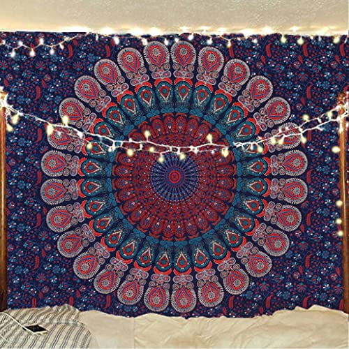 Bless International Handmade Indian hippie Bohemian Psychedelic Peacock Mandala Wall hanging College Dorm Beach Throws Table Cloth Bedding Tapestry (Blue Green Twin(54x72Inches)(140x185cms))