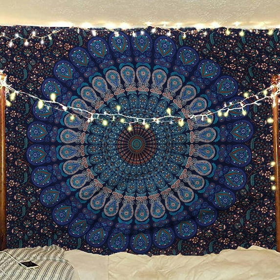 Bless International Indian Hippie Bohemian Golden Blue Peacock Mandala 30''x 40'' Tapestry