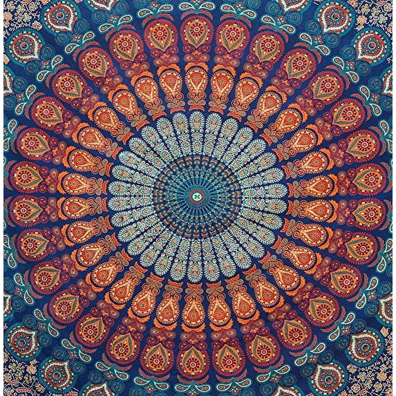 Bless International Indian hippie Bohemian Psychedelic Golden Blue Peacock Mandala Wall hanging Bedding Tapestry (Golden Blue, Queen (84x90Inches)(215x230Cms))