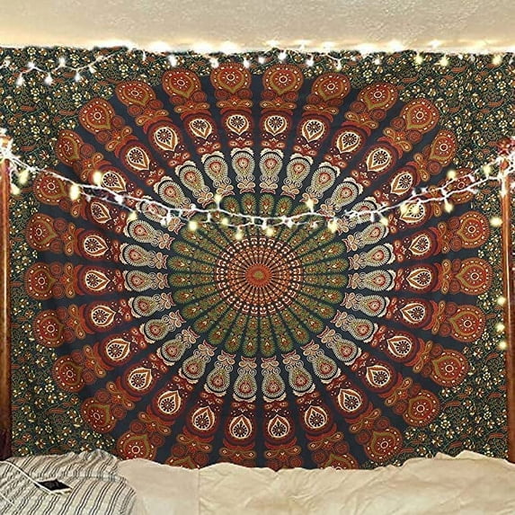 Bless International Indian hippie Bohemian Psychedelic Golden Blue Peacock Mandala Wall hanging Bedding Tapestry (Golden Green, Twin (54x72Inches)(140x185cms))