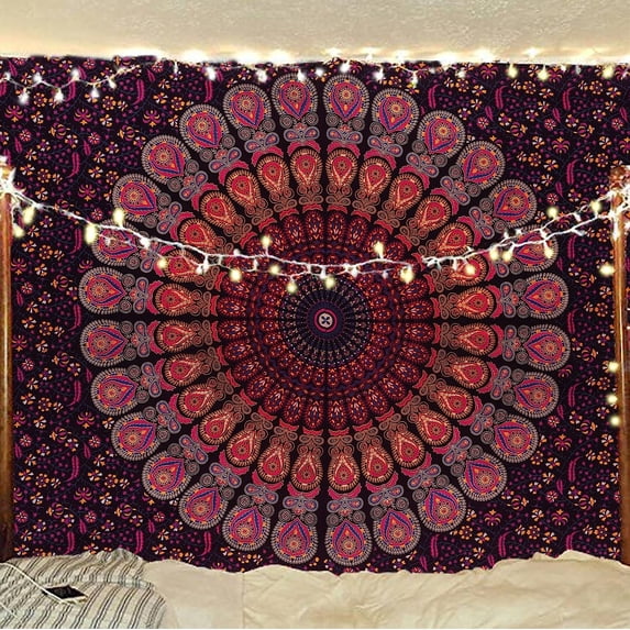 Bless International Indian hippie Bohemian Psychedelic Golden Blue Peacock Mandala Wall hanging Bedding Tapestry(Golden Pink Blue, Medium(54x60Inches)(137x152cms))