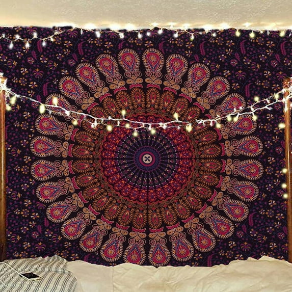 Bless International Indian Hippie Psychedelic Golden Blue Peacock Mandala 30''x 40'' Tapestry