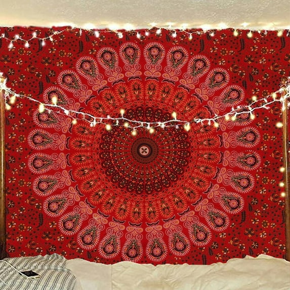 Bless International Indian hippie Bohemian Psychedelic Golden Blue Peacock Mandala Wall hanging Bedding Tapestry(Golden Red, Poster(30x40Inches)(76x101cms))