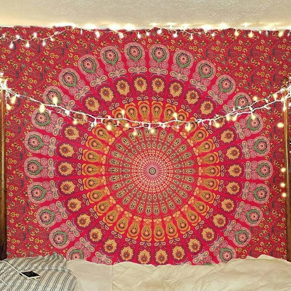 Bless International Indian hippie Bohemian Psychedelic Golden Blue Peacock Mandala Wall hanging Bedding Tapestry (Golden Red, Queen (84x90Inches)(215x230Cms))