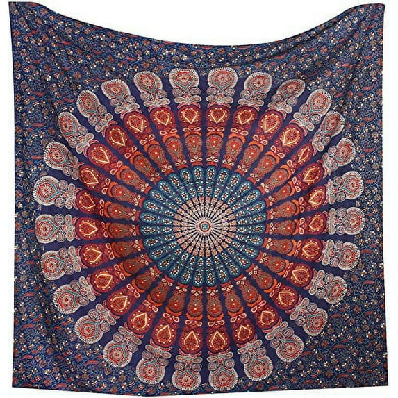 Bless International Indian hippie Bohemian Psychedelic Golden Blue Peacock Mandala Wall hanging Bedding Tapestry (Golden Blue White, Medium (54x60Inches)(137x152cms))