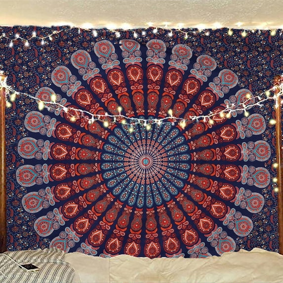 Bless International Indian Hippie Bohemian Golden Blue Peacock Mandala 84''x 90'' Tapestry