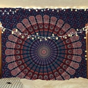 Bless International Indian hippie Bohemian Psychedelic Golden Blue Peacock Mandala Wall hanging Bedding Tapestry (Midnight Blue, King (88x104Inches)(225x265Cms))