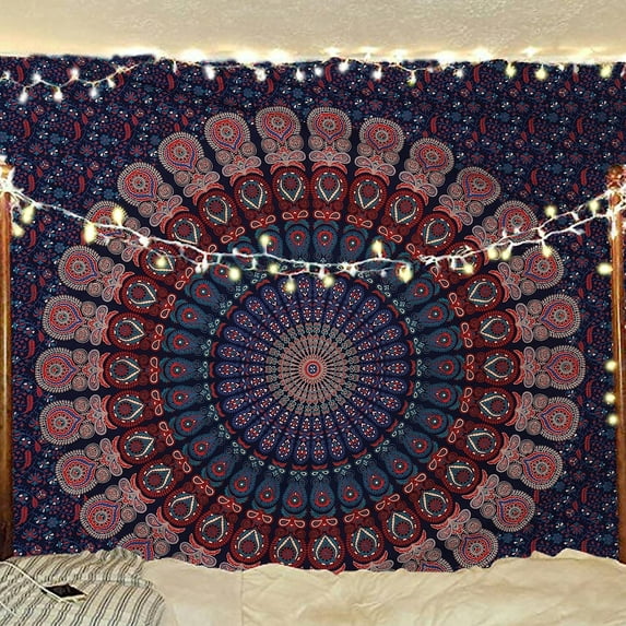 Bless International Indian hippie Bohemian Psychedelic Golden Blue Peacock Mandala Wall hanging Bedding Tapestry (Midnight Blue, Queen (84x90Inches)(215x230Cms))
