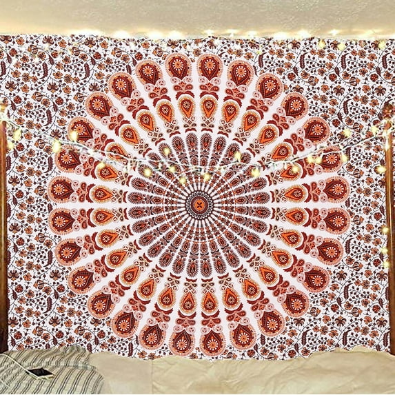 Bless International Indian hippie Bohemian Psychedelic Golden Blue Peacock Mandala Wall hanging Bedding Tapestry (Orange Brown,Medium (54x60Inches)(137x152cms))