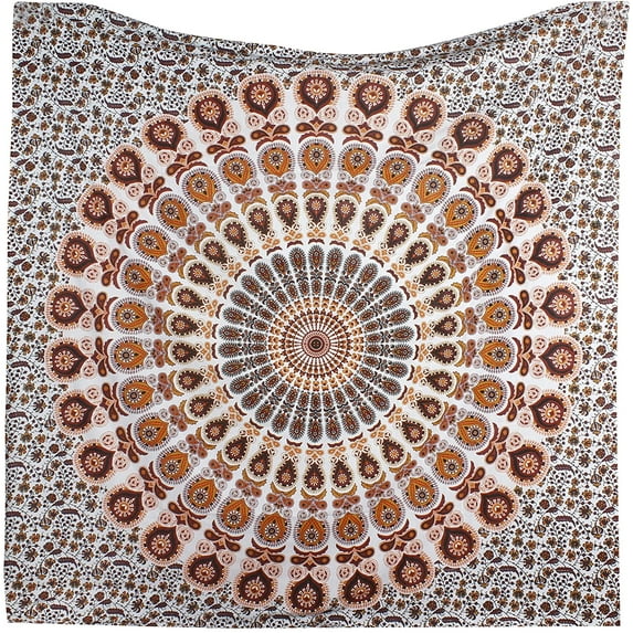 Bless International Indian hippie Bohemian Psychedelic Golden Blue Peacock Mandala Wall hanging Bedding Tapestry (Orange Brown, Queen (84x90Inches)(215x230Cms))