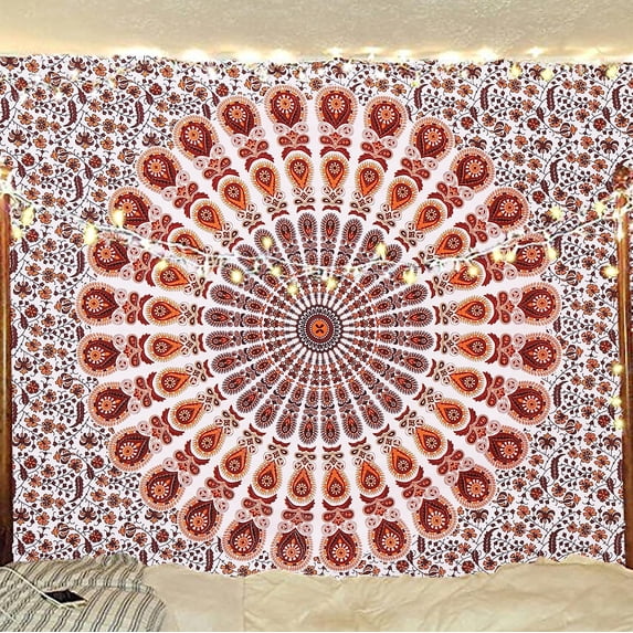 Bless International Indian hippie Bohemian Psychedelic Golden Blue Peacock Mandala Wall hanging Bedding Tapestry (Orange Brown, Twin (54x72Inches)(140x185cms))