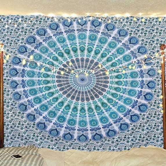 Bless International Indian Hippie Bohemian Golden Blue Peacock Mandala 88''x 104'' Tapestry