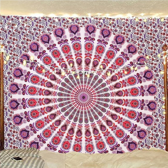 Bless International Indian hippie Bohemian Psychedelic Golden Blue Peacock Mandala Wall hanging Bedding Tapestry (Pink Blue, King (88x104Inches)(225x265Cms))