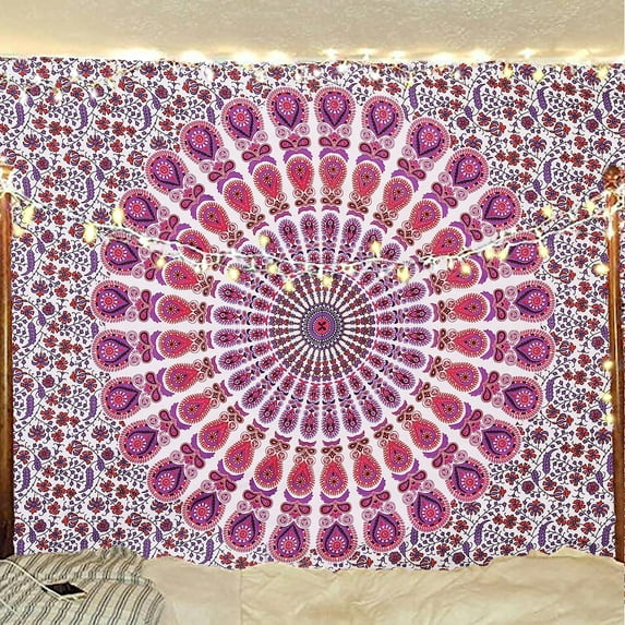 Bless International Indian hippie Bohemian Psychedelic Golden Blue Peacock Mandala Wall hanging Bedding Tapestry (Pink Blue, Medium (54x60Inches)(137x152cms))