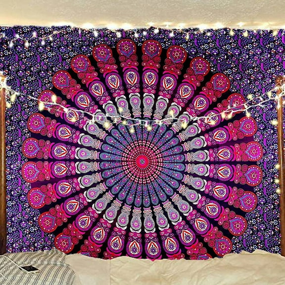 Bless International Indian hippie Bohemian Psychedelic Golden Blue Peacock Mandala Wall hanging Bedding Tapestry (Purple Pink, King (88x104Inches)(225x265Cms))
