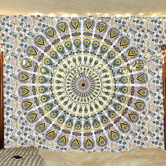 Bless International Indian hippie Bohemian Psychedelic Golden Blue Peacock Mandala Wall hanging Bedding Tapestry (Yellow Green, Medium (54x60Inches)(137x152cms))