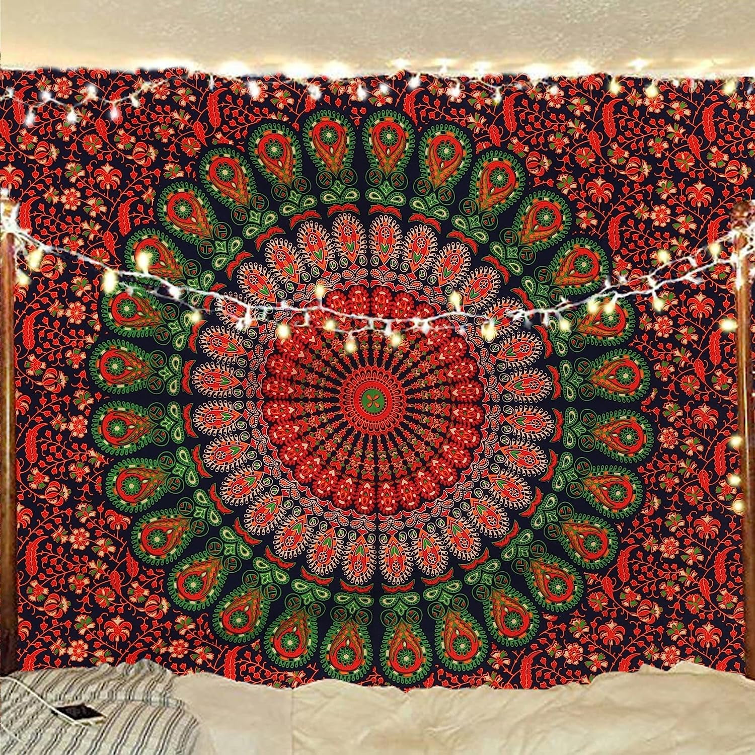 Bless International Indian hippie Bohemian Psychedelic Peacock Mandala Wall hanging Bedding Tapestry Golden Red Green Poster 30x40Inches 76x101cms Walmart Business Supplies