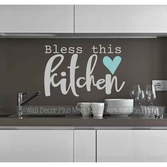 Bless This Kitchen Kitchen Wall Stickers - Die-Cut Vinyl Wall Art - Matte Vinyl Wall Decal Sayings for Wall Décor - Quote Decals for Walls 23x15- Inch Light Gray/ Beach House