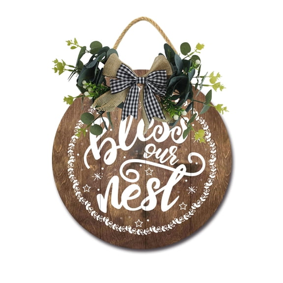Bless Our Nest Front Door Sign Funny Wreaths Hanging Wooden Plaque Decoration Round Rustic Wood Farmhouse Porch Decor for Home Front Door Decor, 11 x 11 Inch