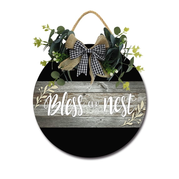 Bless Our Nest Sign for Front Door Hanging Seasons Sign Outdoor Rustic Round Wood Wreaths Wall Decor Farmhouse Porch Wreaths Decorations Housewarming Gift