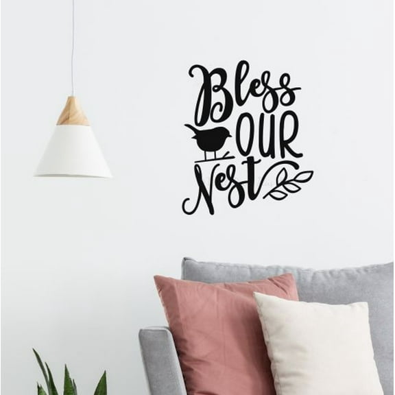 Bless Our Nest Wall Decor - Bird Leaf Die-Cut Vinyl Wall Art - Quote Decals for Wall - Quotes Wall Decor for Living Room, Kitchen & Dining Room - Wall Decals for Bedroom, 15.3x8-Inch, Black
