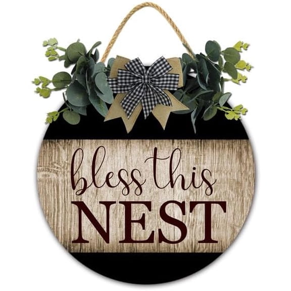 Bless This Nest - Welcome Sign Front Door Sign - Christian Wreaths Hanging Wooden Plaque Decoration - 12 x 12 Inch Round Rustic Wood Farmhouse Porch Entryway Decor, Holiday Party Decor