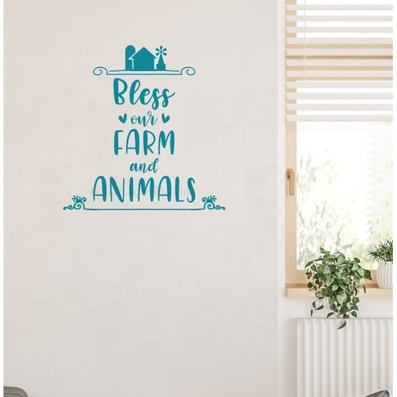 Bless Our Farm and Animals: Rustic Wall Decal for Country Home Décor - Die-Cut Vinyl Wall Art - Quote Decals for Wall - Quotes Wall Decor for Living Room, Kitchen - 23x23- Inch, Teal
