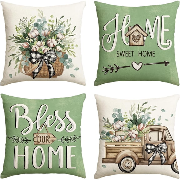 Bless Our Home Farmhouse Eucalyptus Leaves Throw Pillow Covers, 16 x 16 Inch Green Truck Home Sweet Cushion Case Decorations Set of 4