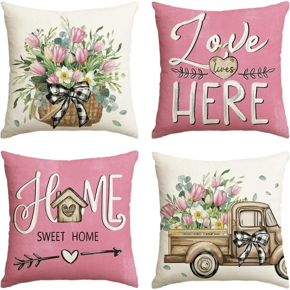 Bless Our Home Farmhouse Eucalyptus Leaves Throw Pillow Covers, 18 x 18 Inch Truck Home Sweet Home Cushion Case Decorations Set of 4