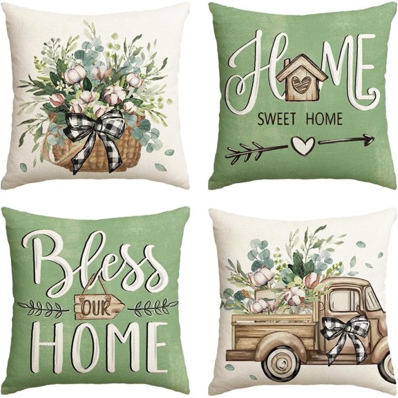 Bless Our Home Farmhouse Eucalyptus Leaves Throw Pillow Covers, 20 x 20 Inch Green Truck Home Sweet Cushion Case Decorations Set of 4