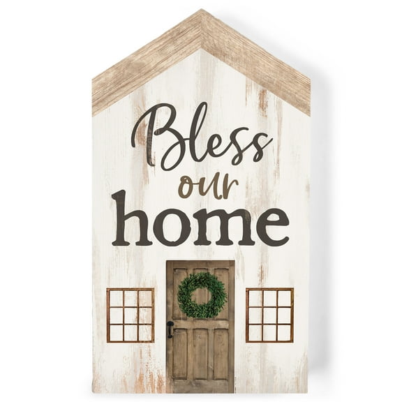 Bless Our Home Whitewash Barn House Shaped 3.5 x 6 Inch Pine Wood Block Tabletop Sign