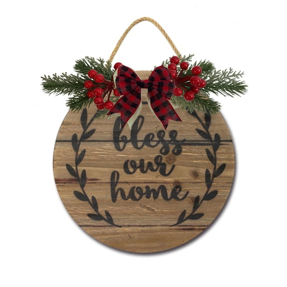 Bless Our Home Wooden Front Door Sign Rustic Round Wreath Wall Hanger Porch Decor Four Seasons Farmhouse Decoration Housewarming Gift 11 Inches