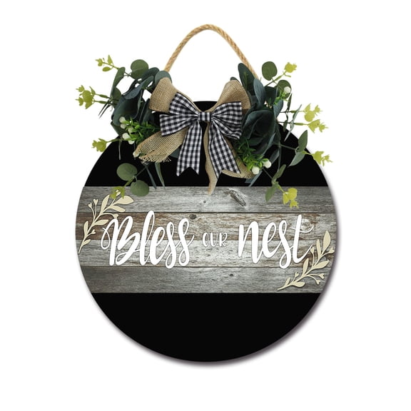 Bless Our Nest Sign for Front Door Hanging Seasons Sign Outdoor Rustic Round Wood Wreaths Wall Decor Farmhouse Porch Wreaths Decorations Housewarming Gift