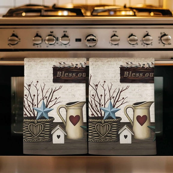 Bless OurHome Kitchen Towels Set of 1, Farmhouse Pots Texas Stars Retro Wooden Plank Absorbent Dish Towels for Kitchen, Microfiber Hand Towel, Quick Drying Tea Towel for Cleaning Dishcloths