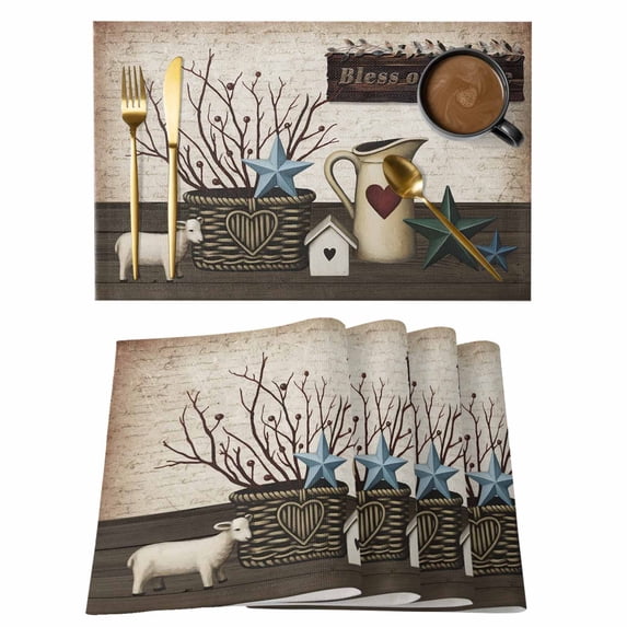 Bless OurHome Placemats Set of 6, Farmhouse Pots Texas Stars Retro Wooden Plank Placemats for Dining Table, Place Mats for Kitchen Tabletop, Waterproof Wipeable Dining Table Mats Set