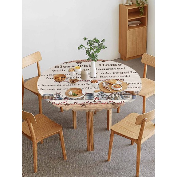 Bless This Round Fitted Tablecloth with Elastic Edge, Home Farmhouse Country Star Barn Bucket Berry Waterproof Stretch Table Covers for 45"-54" Tables Wipeable Table Cloth for Outdoor