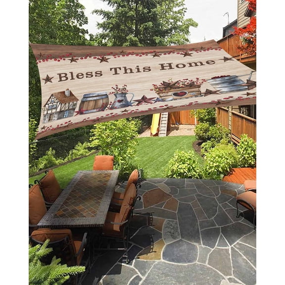 Bless This Sun Shade Sail 6.5'X10' Home Farmhouse Country Star Barn Retro Wood Grain UV Block Outdoor Sail Shades Breathable Waterproof Rectangular Sunshade for Patio Garden Pool Pergola Porch